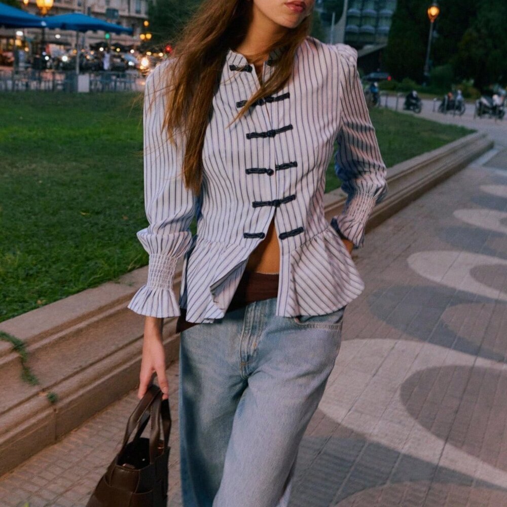 Blue Casual Women's Striped Peplum Blouse